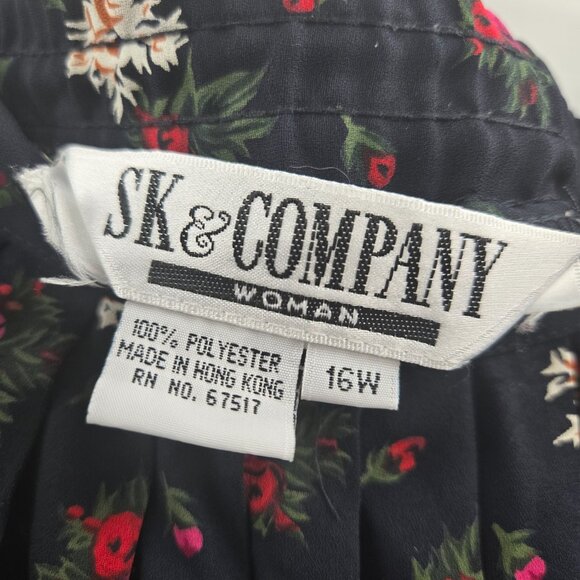 Vintage SK & Company Navy Floral Side Button Pleating Elastic Waist Skirt 16W - Picture 8 of 9